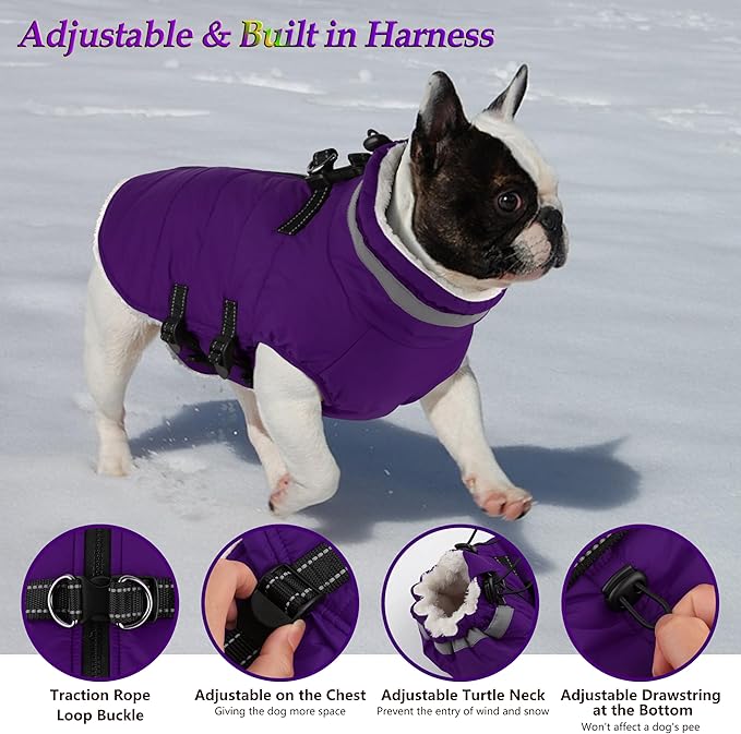 Dogcheer Dog Coat with Harness, Waterproof Dog Jacket Adjustable Pet Winter Coat with Zipper, Christmas Puppy Snow Jacket Fleece Sweater for Small Medium Large Dogs - Purple S