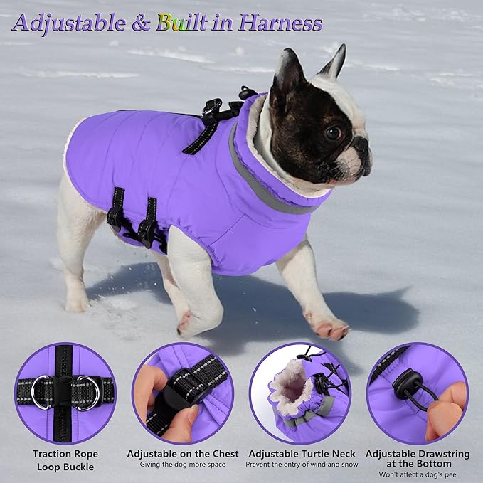 Dogcheer Dog Coat with Harness, Waterproof Dog Jacket Adjustable Winter Coat with Zipper, Christmas Puppy Snow Jacket Fleece Sweater for Small Medium Large Dogs - Taro Purple S