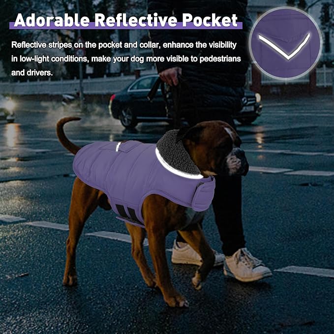 Dog Coat, Waterproof Dog Winter Jacket with Pocket, Reflective Adjustable Pet Snow Vest, Warm Cozy Fleece Sweater for Small Medium Extra Large Dogs - Light Purple, M