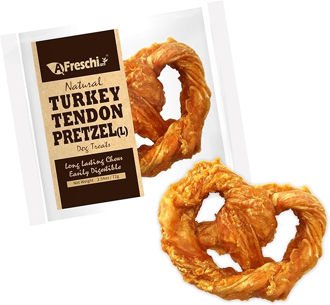 AFreschi Turkey Tendons for Dogs, USA-Sourced, Healthy Dog Treats, Rawhide-Free Puppy Chews, Long Lasting, All Natural, Hypoallergenic Dog Treats for Large Breeds, 1 Count Pack Pretzel (L)