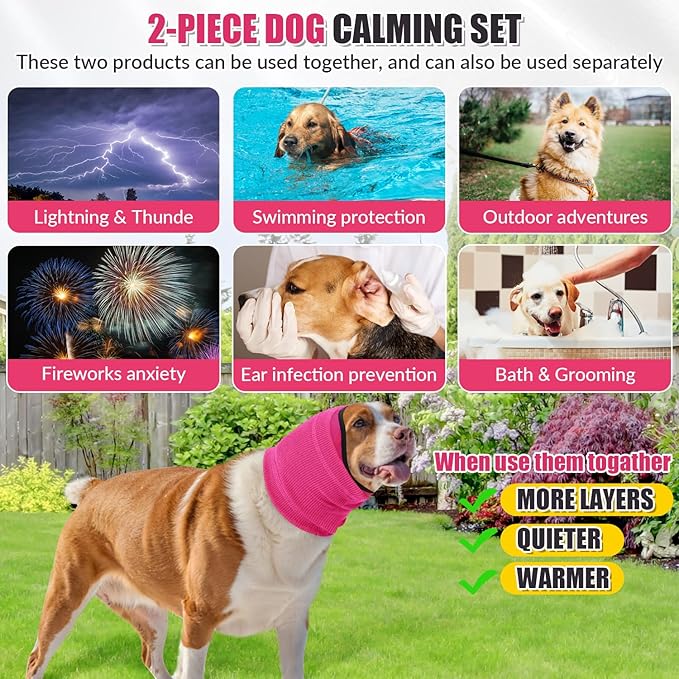 SlowTon Quiet Ears Dog Hoodie - 2 Pcs Ear Wrap Dog Ear Muffs Noise Protection, Anxiety Relief Dogs Hat Calming Hood Head Cover, Pet Headband Dogs Ear Protector for Grooming, Force Drying (Pink,L)