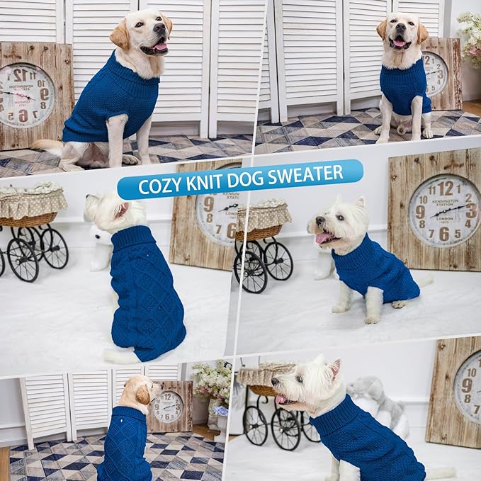 Mihachi Turtleneck Dog Sweater - Winter Coat Apparel Classic Cable Knit Clothes with Leash Hole for Cold Weather, Ideal Gift for Pet in New Year Royal Blue Small