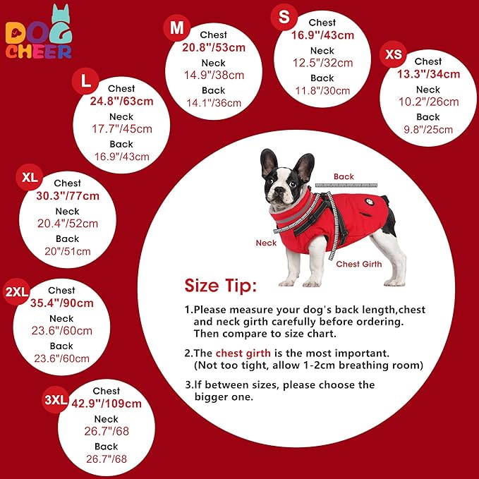 Dogcheer Dog Coat with Harness, Waterproof Dog Jacket, Christmas Puppy Winter Coat with Pocket, Reflective Doggy Turtleneck Puffer Vest for Small Medium Large Dogs - Red, XL