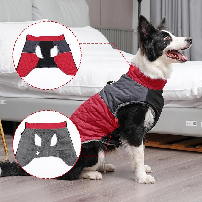 Warm Fleece Dog Coats for Medium Dogs,D-Rings Waterproof Puppy Jacket for Cold Winter,Red XL
