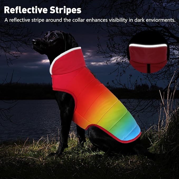 Dog Winter Coat, Waterproof Dog Jacket with Leash Hole, Reflective Adjustable Pet Snow Vest, Warm Fleece Sweater for Small Medium Large Dogs - Rainbow, L