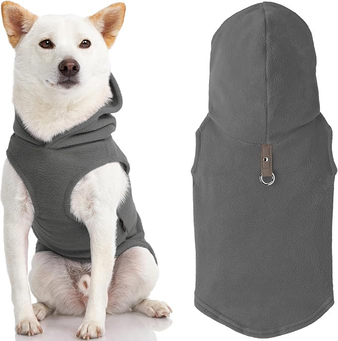 Gooby - Fleece Vest Hoodie, Small Dog Pull Over Hooded Fleece Jacket with Leash Ring, Gray, Medium