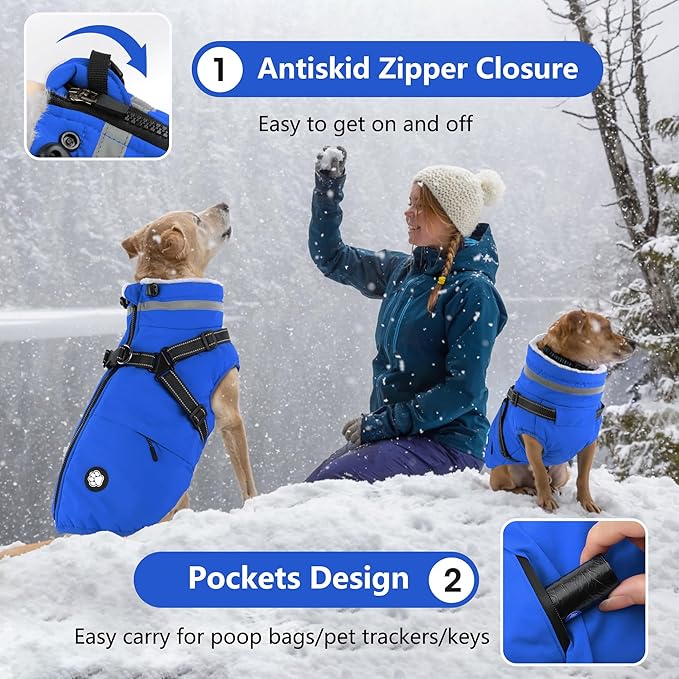 Dogcheer Dog Coat, Waterproof Dog Winter Jacket with Harness, Reflective Adjustable Doggy Cold Weather Coats, Christmas Pet Fleece Snowsuit for Small Medium Large Dogs - Blue, 3XL