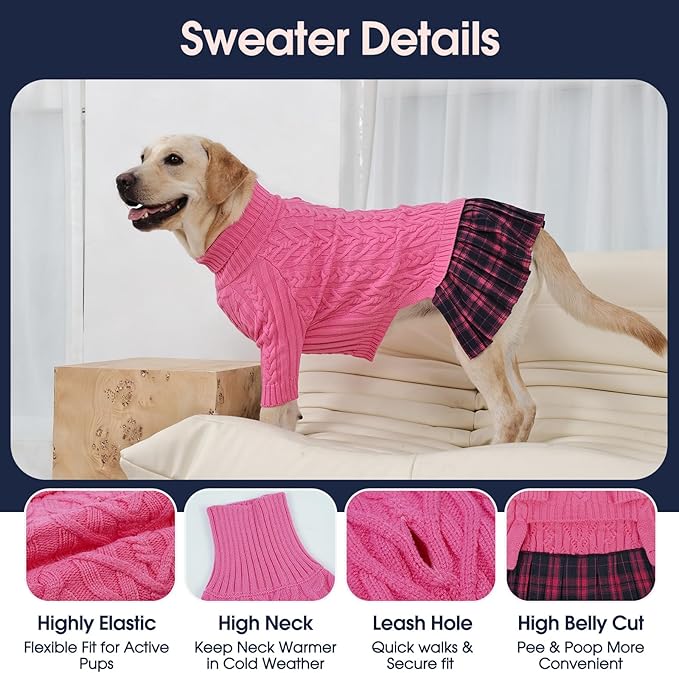 IECOii Girl XXL Dog Sweater Dress, Cozy Cable Knit Dog Sweater for Large Dogs Girl, Pink, XXLarge, 2XL Pet Pullover Knitted Dress for Winter, Turleneck with Sleeve, Warm Sweaters for Female Pitbull