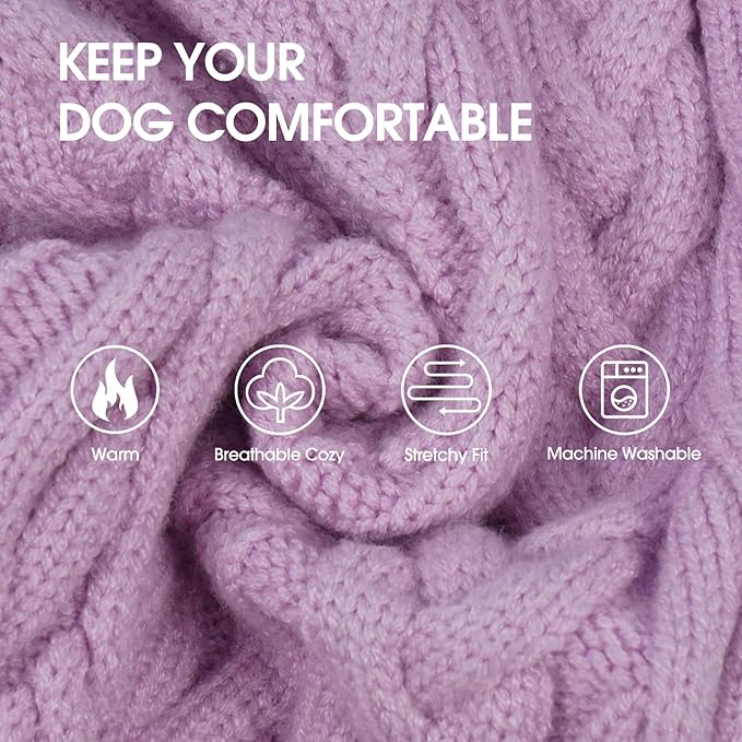 IECOii Girl Dog Sweater Dress - Cable Knit Dog Sweater for Medium Dogs Girl, Purple,Large - Turtleneck Winter Sweaters with Leash Hole, Soft & Stretchy Adorable Dress for Thanksgiving Christmas Photo