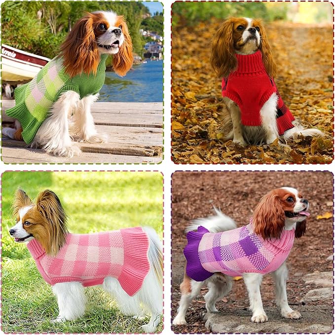 Dog Sweater Dress Plaid Knitwear for Small Medium Dogs Warm Puppy Pet Turtleneck Stretch Pullover Cute Fall Winter Vest Clothes with Leash Hole for Christmas (Red, 2XS)