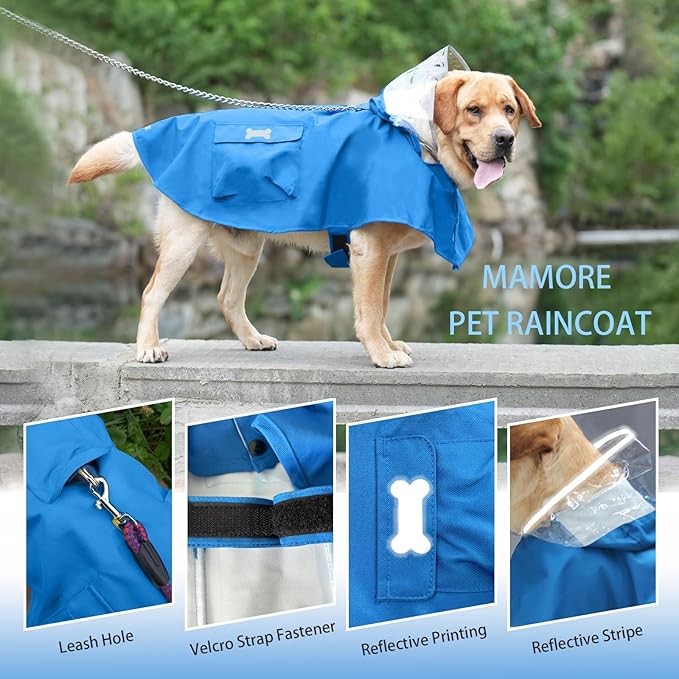 Dog Raincoat Waterproof, Adjustable Reflective Hooded Dog Rain Poncho with Leash Hole for Small Medium Large Dogs (Blue, XX-Large)