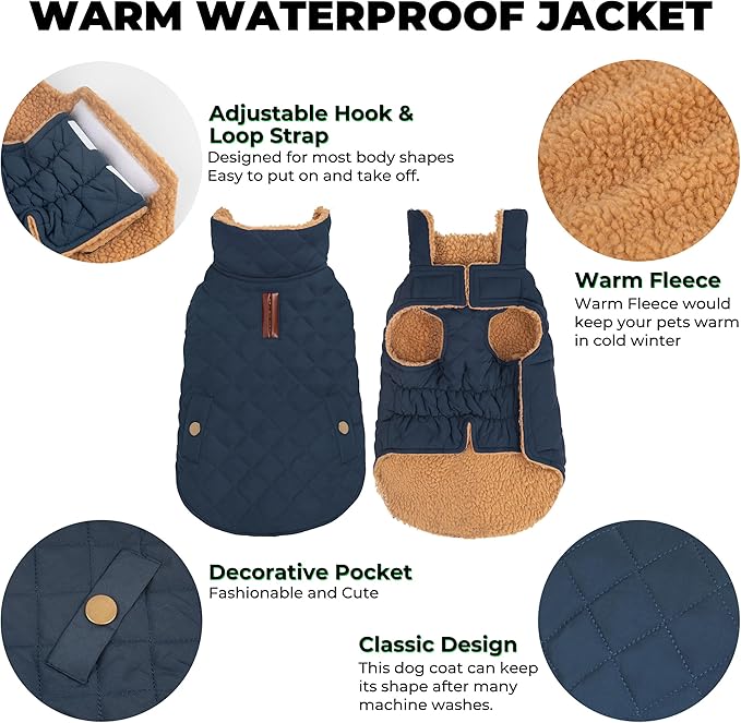 Dog Winter Coat, Waterproof Warm Dog Jackets for Large Dogs Boy, Adjustable Pet Vest Windproof Cold Weather Clothes Dogs Snowsuit with Leash Hole, Navy XX-Large