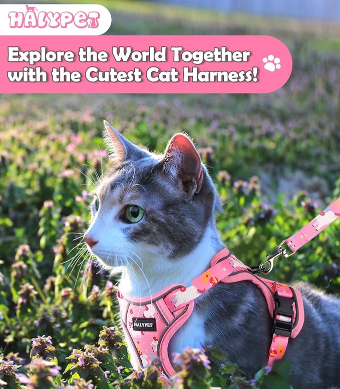 Halypet Cat Harness and Leash Set[MAX Safety 4th-Gen] Cute Escape Proof Vest Harness for Girl&Boy Cat Walking, Comfortable Adjustable Leash and Reflective Strips for Outdoor Kitten, S Pink Unicorn