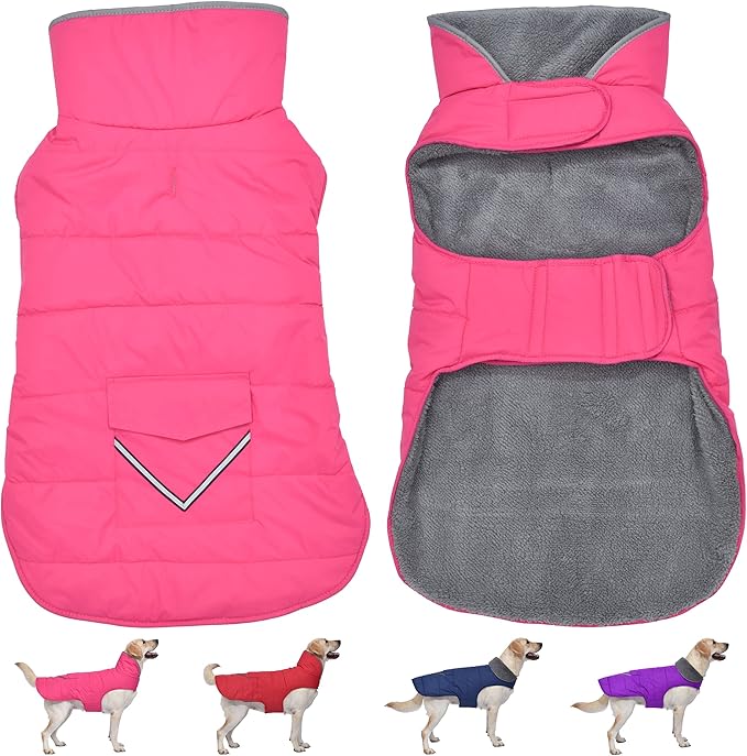 Dog Coat, Waterproof Dog Winter Jacket with Pocket, Reflective Adjustable Pet Snow Vest, Warm Cozy Fleece Sweater for Small Medium Extra Large Dogs - Pink, S