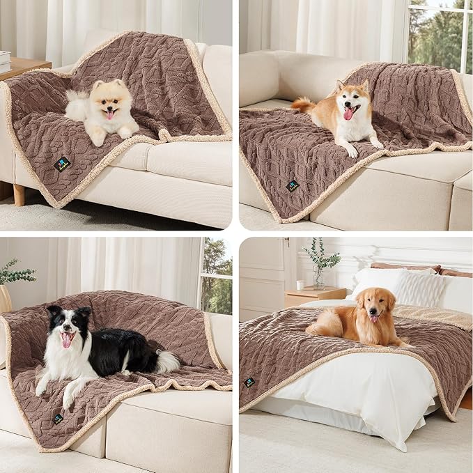 Waterproof Pet Blanket, Liquid Pee Proof Dog Blanket for Sofa Bed Couch, Reversible Sherpa Fleece Furniture Protector Cover for Small Medium Large Dogs Cats, Khaki King Size（90" x 82"）
