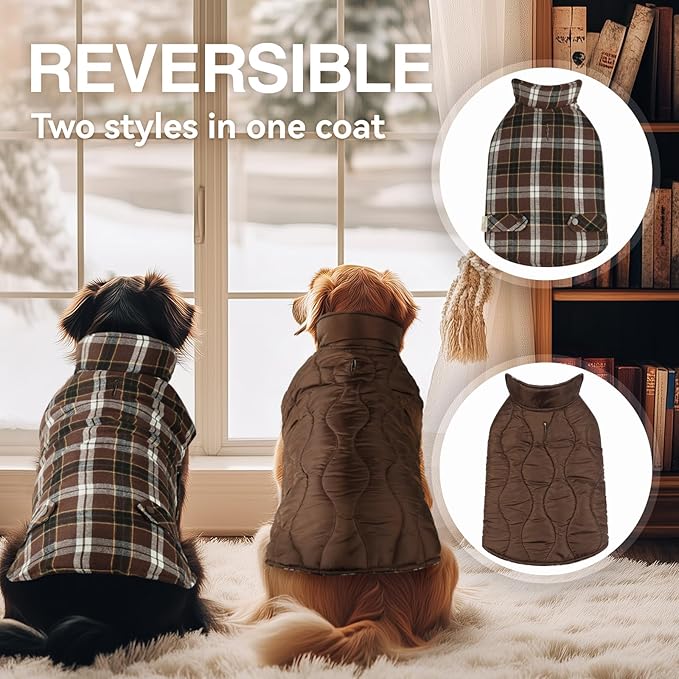 VIVAGLORY Softjoy Dog Coat, Dog Jacket for Winter & Christmas, Coat with Harness Hole & Velcro Closure, Reversible Plaid Checkered Warm Fluffy Heavy Duty for Puppy, M, Coffee