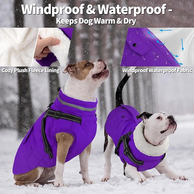 Dogcheer Dog Coat with Harness, Waterproof Warm Dog Winter Jacket with Pockets, Reflective Pet Fleece Jacket Turtleneck Snowsuit for Small Medium Large Dogs - Purple, XL