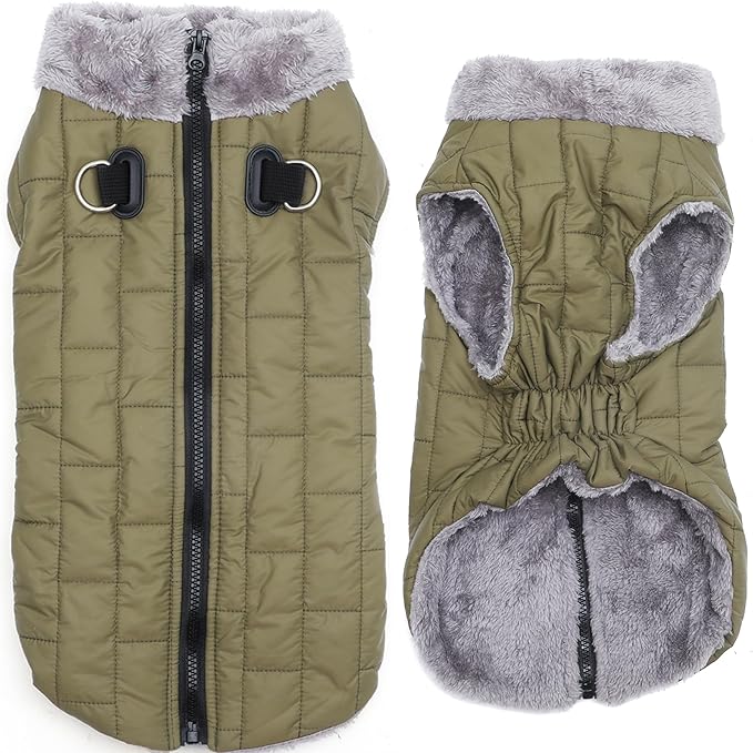 Warm Fleece Dog Coats with Durable Harness Buitl in D-Ring,Waterproof Doggie Jacket for Large Dogs,Dog Vest for Cold Winter,Green XXXL