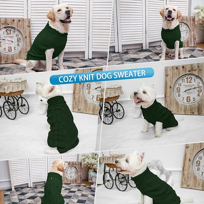 Mihachi Turtleneck Dog Sweater - Winter Coat Apparel Classic Cable Knit Clothes with Leash Hole for Cold Weather, Ideal Gift for Pet in New Year Army Green Small/Medium