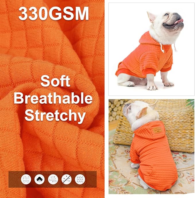 BEAUTYZOO Small Dog Hoodie Sweater with Pockets, Dog Clothes for Small Medium Dogs Boy Girl, Waffle-Like Laminated Cotton Pet Coats with Hat and Leash Hole, Orange ML