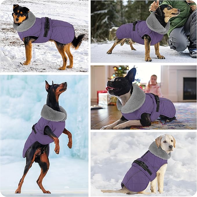 Dog Coat, Waterproof Dog Winter Jacket with Adjustable Buckle, Reflective Turtleneck Pet Snow Vest Warm Fleece Sweater for Small Medium Large Dogs - Purple, XL