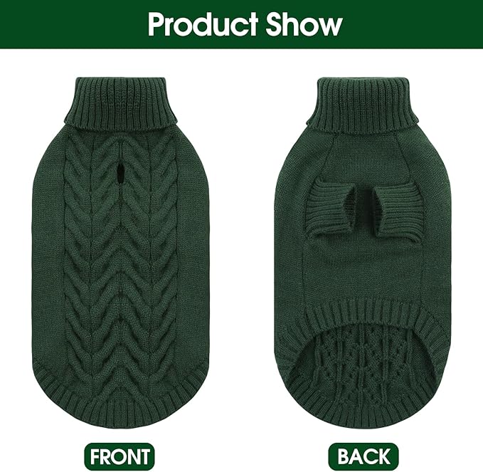 Dog Sweaters for Small Dogs Classic Turtleneck Dog Christmas Sweater Thick Warm Pullover Male Puppy Pet Stretch Knitwear Fall Winter Clothes with Leash Hole(Green, S)
