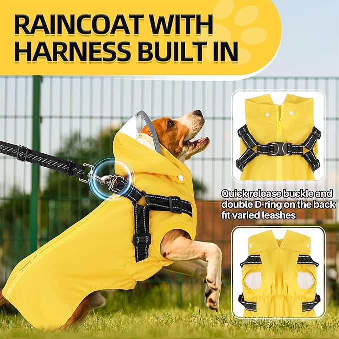 SlowTon Dog Raincoat Waterproof - Dog Rain Jacket with Harness and Hood Lightweight, Reflective Dogs Rain Coat for Large Medium Small Dogs Girl Boy Puppy Poncho Pet Clothes (Yellow, XS)