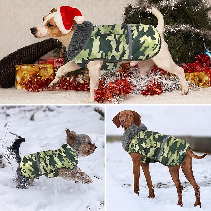 Dogcheer Warm Dog Coat, Waterproof Dog Jacket Reflective Adjustable Puppy Winter Coat with Buckle, Christmas Pet Snow Jacket Turtleneck Fleece Sweater for Small Medium Large Dogs- Camo Green, 3XL