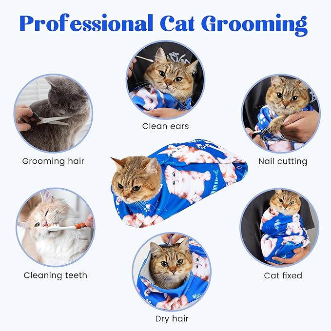 27.6“ Cat Wrap for Cutting Nails Self-Adherent Fabric Cat Wrap for Grooming Cat Restraint for Nail Clipping Anti-Escape Cat Calming Wrap Within 15lbs