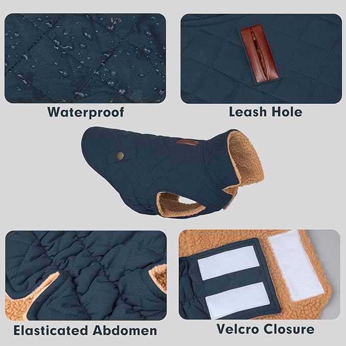 azuza Dog Jacket for Large Dogs Waterproof & Windproof Dog Coat for Small Dogs with Thick Fleece, High Collar with Leash Hole, Adjustable Velcro & Elastic Belly, Navy 3XL
