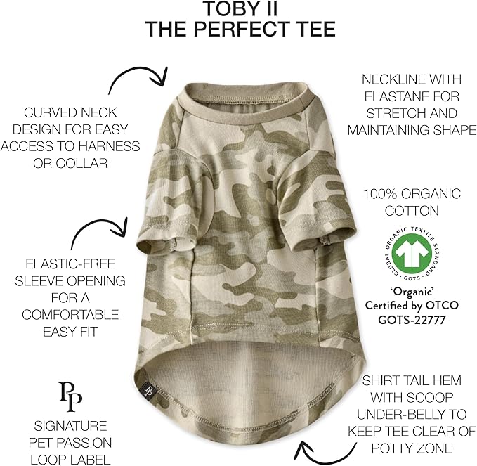 Toby II - The Perfect Tee, 3 Pack Short Sleeve Pet T-Shirt 100% Organic Cotton Tees Clothes for Small, Medium, Large Dogs, Sage Camo, Small