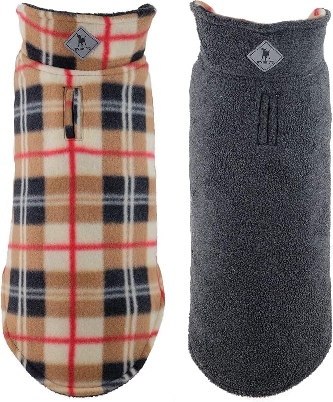 The Worthy Dog Fargo Fleece Plaid Dog Jacket, Adjustable Reversible with Harness Hole, Wind-Resistant, Winter Outdoor Clothes for Pets, Tan - 18''