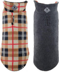 The Worthy Dog Fargo Fleece Plaid Dog Jacket, Adjustable Reversible with Harness Hole, Wind-Resistant, Winter Outdoor Clothes for Pets, Tan - 24''