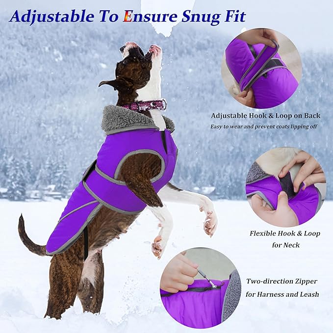 Dogcheer Dog Coat, Waterproof Dog Jacket Reflective Pet Winter Coat with Adjustable Hook & Loop, Christmas Puppy Fleece Jacket Warm Turtleneck Snowsuit for Small Medium Large Dogs - Purple, 2XL
