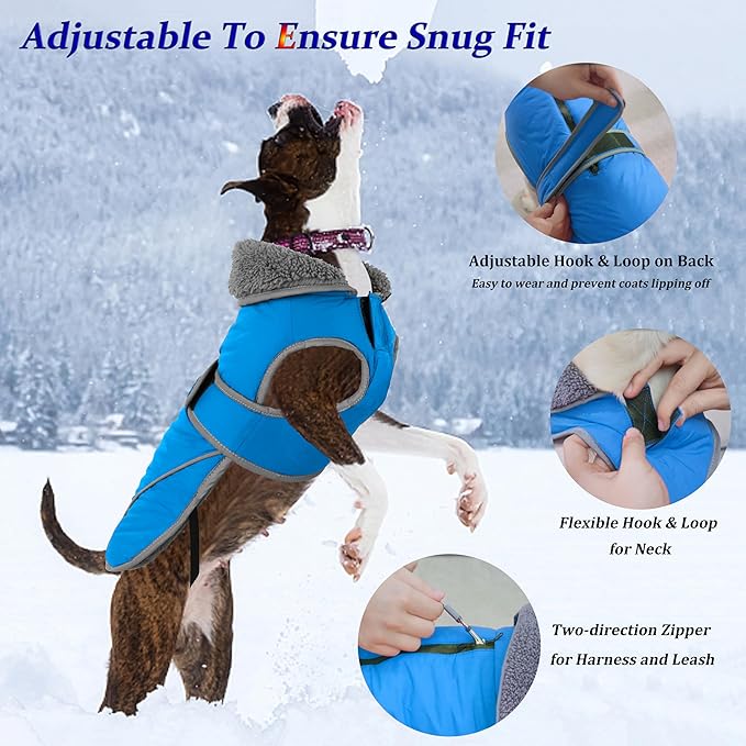 Dogcheer Dog Coat, Waterproof Dog Jacket Reflective Pet Winter Coat with Adjustable Hook & Loop, Christmas Puppy Fleece Jacket Warm Turtleneck Snowsuit for Small Medium Large Dogs - Sky Blue, S