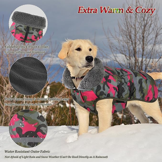 Dogcheer Warm Dog Coat, Waterproof Dog Jacket Reflective Adjustable Puppy Winter Coat with Buckle, Christmas Pet Snow Jacket Turtleneck Fleece Sweater for Small Medium Large Dogs - Camo Pink, 3XL