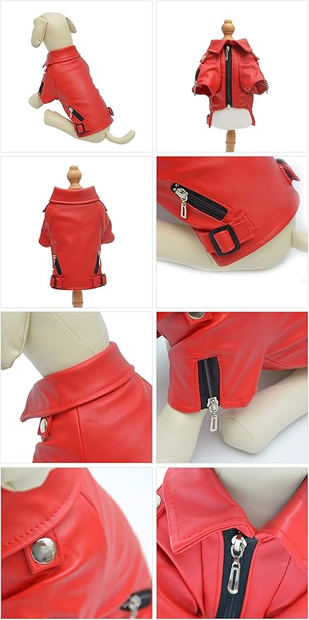 Lovelonglong Cool Dog Leather Jacket, Warm Coats Dogs Windproof Cold Weather Coats for Large Medium Small Dogs, Yorkshire Terrier Clothing Red S