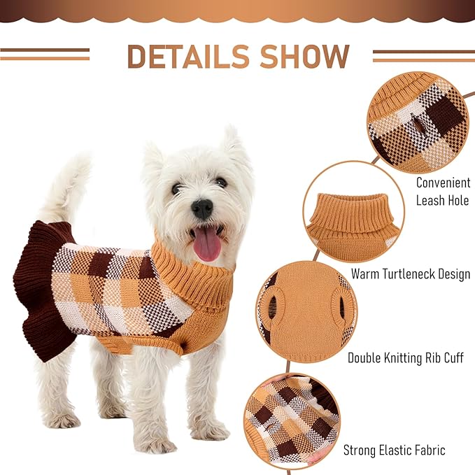 Dog Sweater Dress Plaid Knitwear for Small Medium Dogs Warm Puppy Pet Turtleneck Stretch Pullover Cute Fall Winter Vest Clothes with Leash Hole for Christmas (Coffee, 2XS)