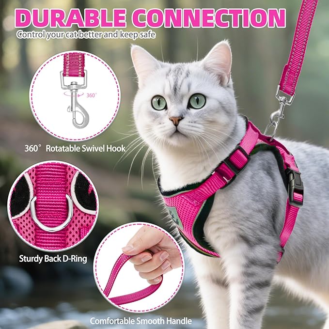 PUPTECK Cat Harness and Leash Set Escape Proof Reflective Cat Walking Harness Adjustable Soft Breathable Mesh Vest for Small Pets, Deep Pink, M