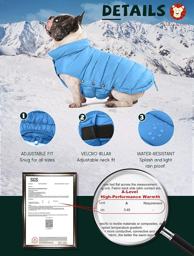 SPACE LION Dog Puffer Jacket, Down Winter Coat, Durable Outdoor Coat for Cold and Windy Conditions, Waterproof, Lightweight Jacket, Adjustable Fit for Small, Medium, Large Dogs(Alaskan Blue,28/4XL)
