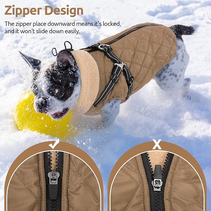 Queenmore Dog Coat, Dog Coats for Small Dogs, Doggy Winter Jacket with Zipper On Back, Waterproof Pet Jacket with Harness Built in, Pet Puffer Coat for Bichon, Schnauzer, Yorkie, Brown S