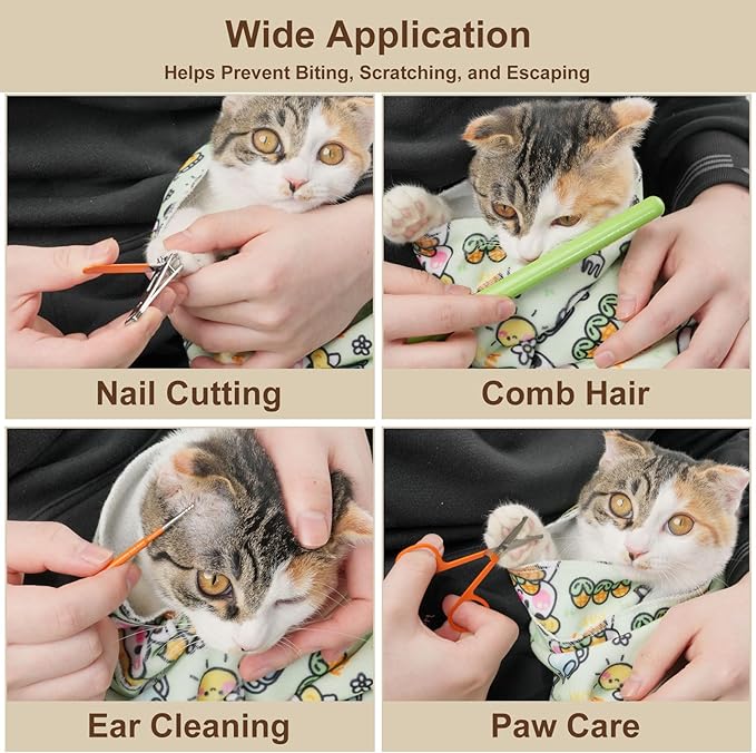 27.6" Large Cat Grooming Wrap – Anti-Escape Cat Wrap for Cutting Nails, Brushing & Medication – Soft, Comfortable, Reusable, Self-Adhering, Holds Cats Up to 15lbs (Cow Corn)