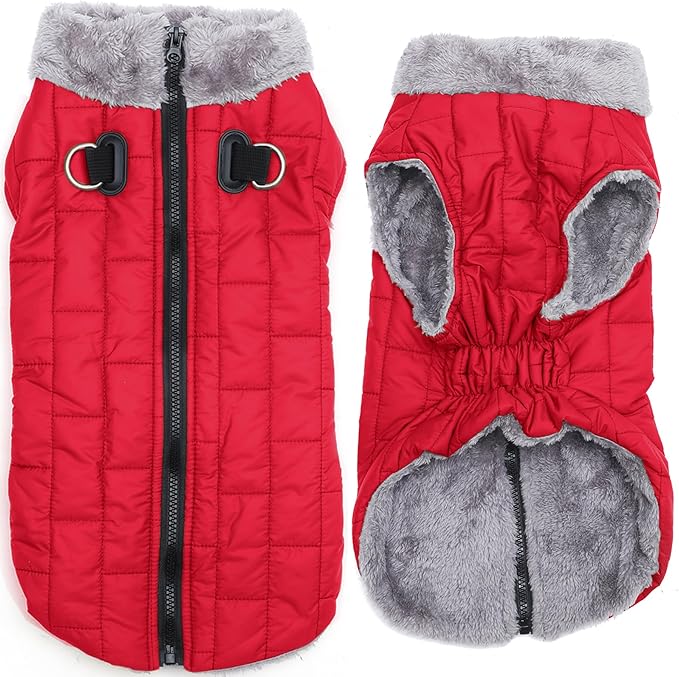 Warm Fleece Dog Coats with Durable Harness Buitl in D-Ring,Waterproof Puppy Jacket for Small Dogs,Dog Vest for Cold Winter,Red XS