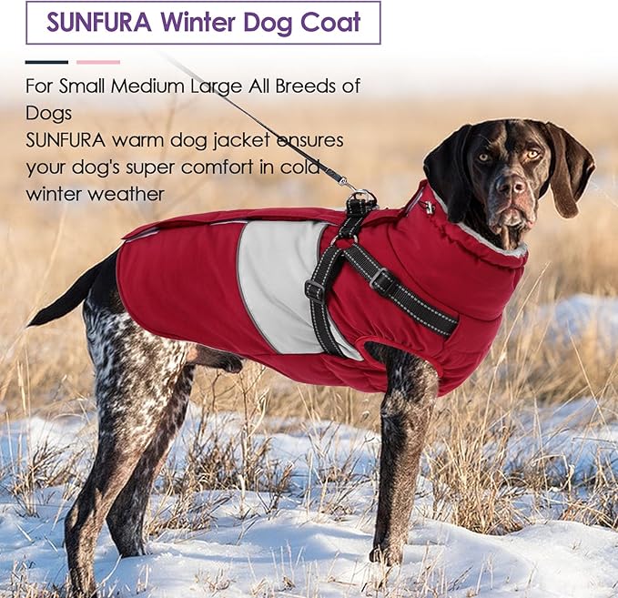 SUNFURA Dog Coat for Large Dogs, Warm Pet Jacket Winter with Harness Built in, Waterproof Pet Snow Jacket with Furry Collar, Reflective Fleece Snowsuit for Extra Large Dogs, Burgundy XL