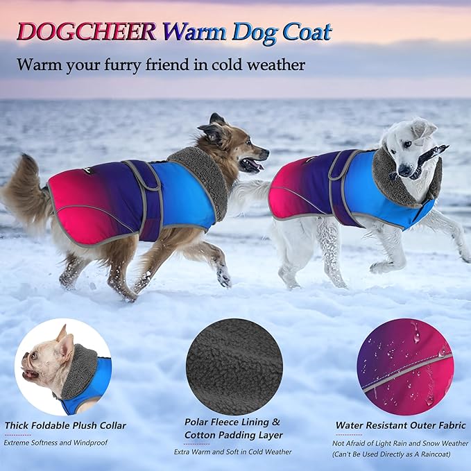 Dogcheer Dog Coat, Waterproof Dog Jacket Reflective Pet Winter Coat with Adjustable Hook & Loop, Christmas Puppy Fleece Jacket Warm Snowsuit for Small Medium Large Dogs - Gradient Blue-red, S