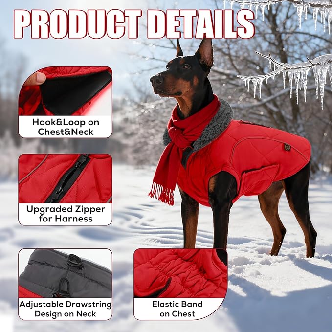 EMUST Pet Vests for Winter, Fleece Lined Dog Coat for Cold Weather Warm Dog Jackets for Small Medium Large Dogs, Pet Apparel for Cold Weather, Red, XXXL