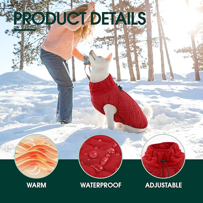 Kuoser Medium Dog Coat | All-Breed Thermal Wear with Windproof Layer | Reflective Tabs Enhance Visibility in Snow, Snap Buckles Simplify Dressing, Red M
