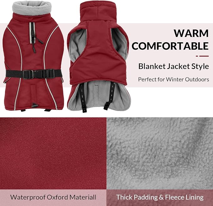 Queenmore Large Coat, Winter Jacket, Waterproof Puffy Snowsuit for Dogs - Adjustable Reflective Fleece Lining Warm Padding Parka for Cold Weather, Red L