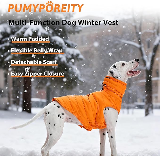 PUMYPOREITY Dog Puffer Coat with Detachable Scarf, Warm Padded Cold Weather Vest, Windproof Lightweight Snowsuit, Water Resistant Dog Winter Coats, Thermal Winter Jacket for Small Medium Large Dogs