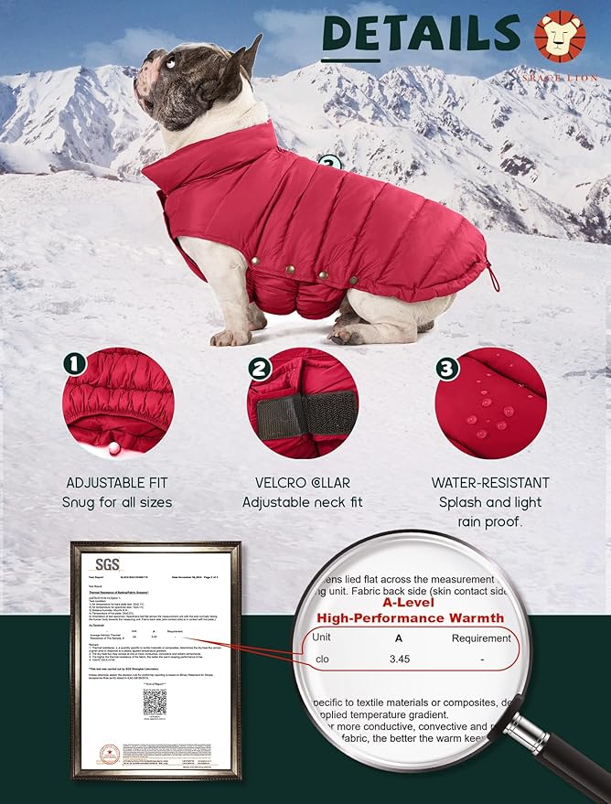 SPACE LION Dog Puffer Jacket, Down Winter Coat, Durable Outdoor Coat for Cold and Windy Conditions, Waterproof, Lightweight Jacket, Adjustable Fit for Small, Medium, Large Dogs(Red,10/S)